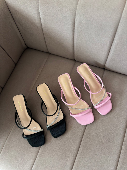 Women Rhinestone Embedded Straps Slid-On Heels